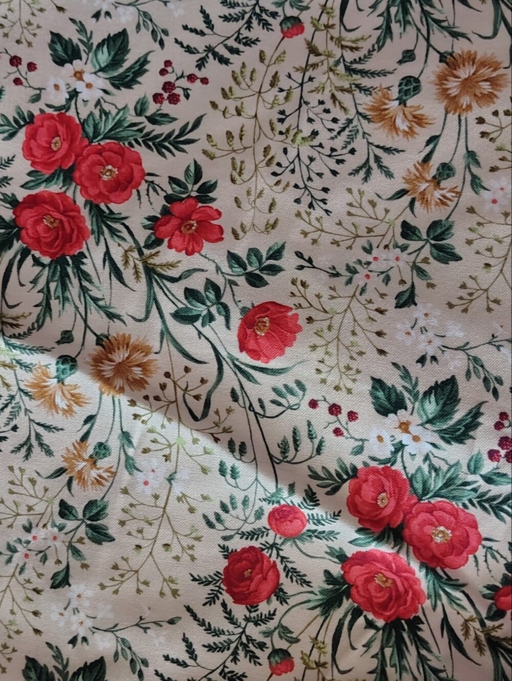 Evening Stroll Floral Cotton Sewing Fabric - Cream with Red & Green - 14 Yd+